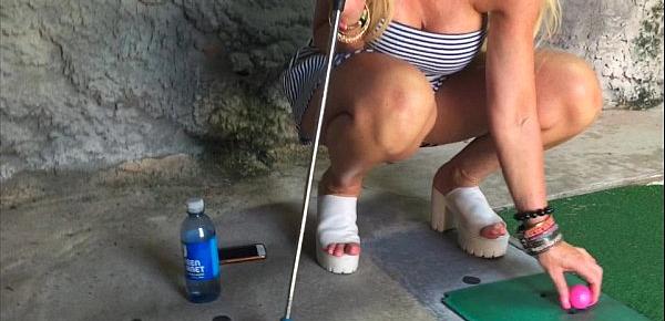  Hot Blonde "kelley Cabbana" fingers pussy in PUBLIC mini golf